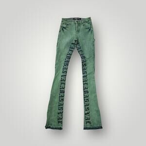 VALABASAS Flare Jeans Size 28 Green Gothic Print  L41